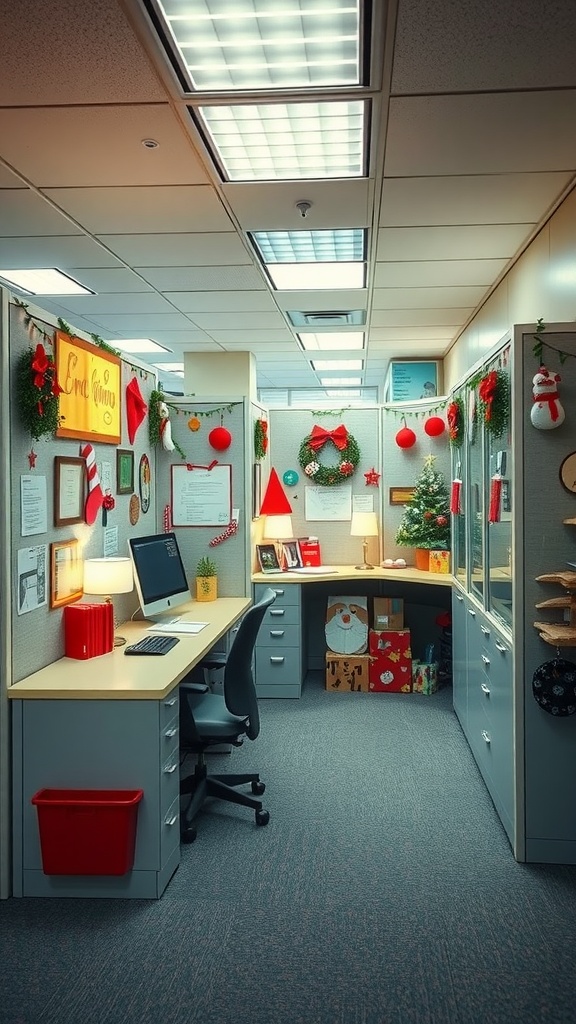 A decorated office cubicle for the holiday season featuring festive wreaths, a small Christmas tree, and colorful decorations.