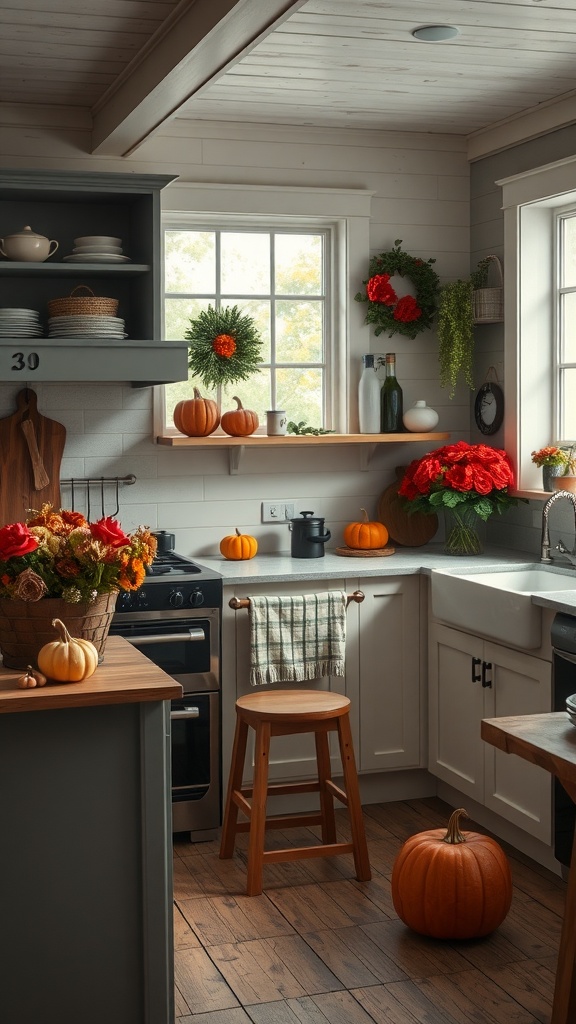A cozy farmhouse kitchen decorated for fall with pumpkins and floral arrangements