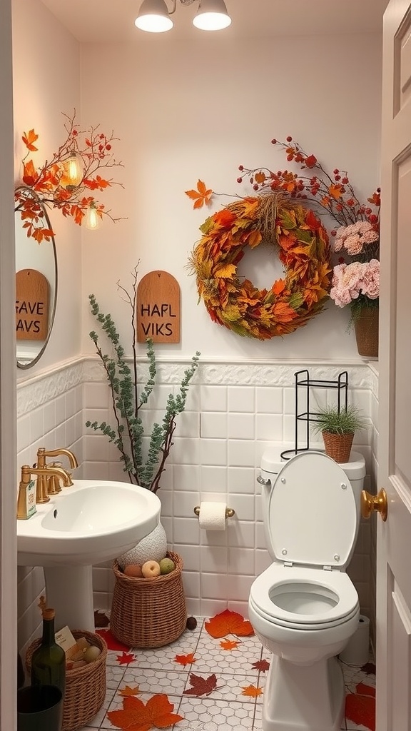 A cozy half bathroom decorated for autumn with a wreath of leaves, wooden signs, and accents of natural elements.