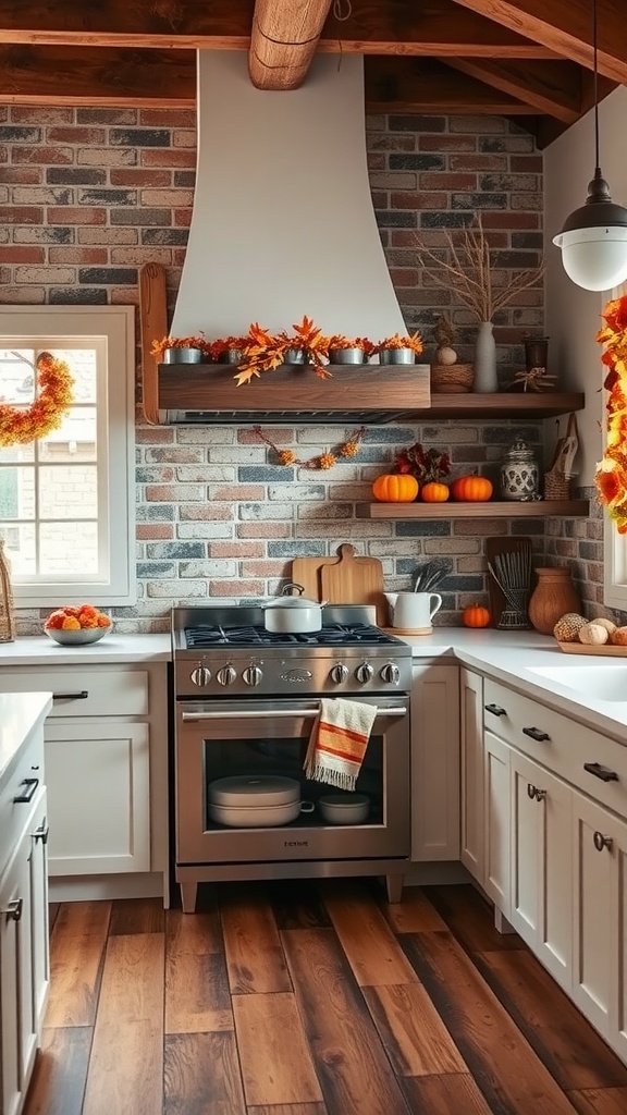 A cozy farmhouse kitchen featuring a brick backsplash, decorated for autumn with pumpkins and autumn leaves.