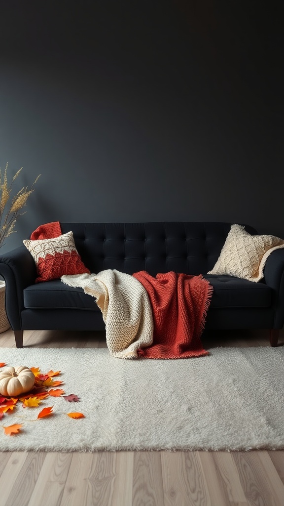 A stylish living room with a black couch, cozy blankets, and seasonal decorations.