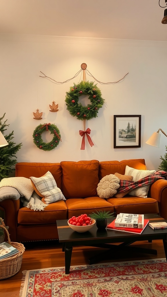 A cozy living room with a brown couch decorated for the holiday season, featuring wreaths on the wall and a stylish coffee table.