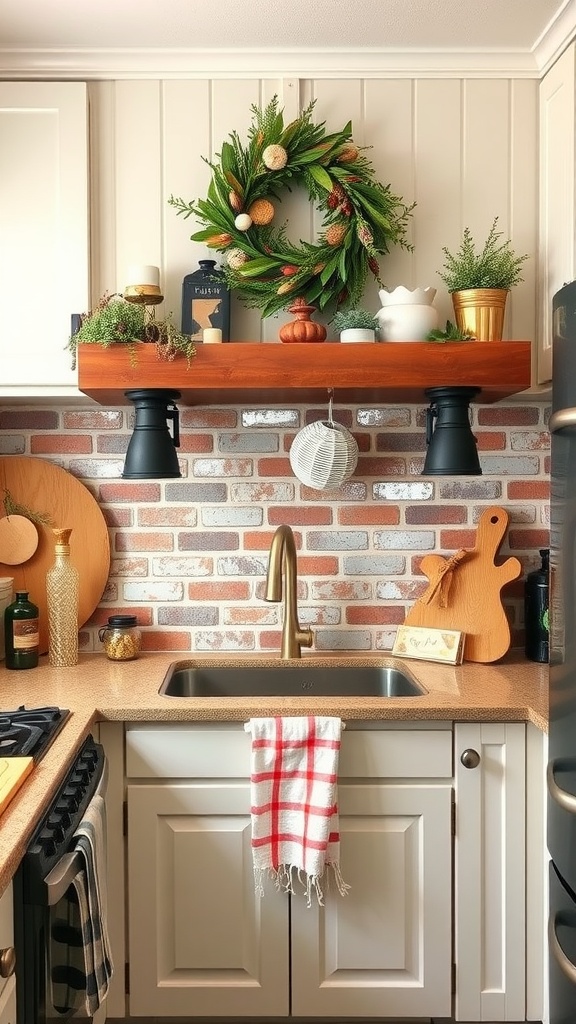 A rustic kitchen featuring a brick backsplash, seasonal decor with a wreath, and wooden accents.