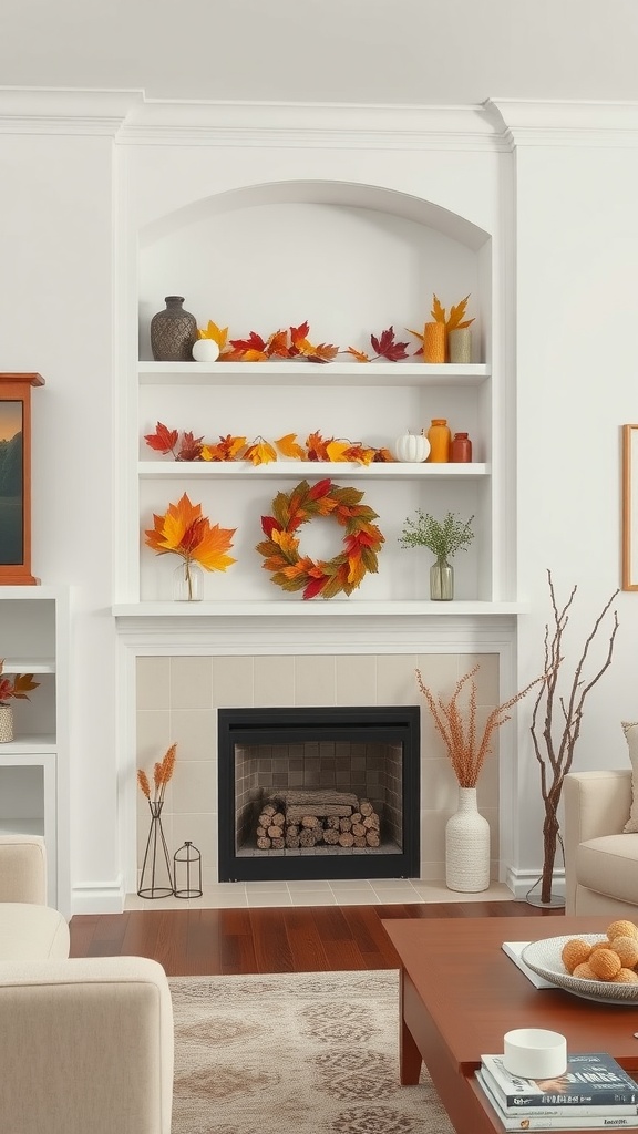 A cozy living room with built-in shelves decorated for autumn, featuring colorful leaves, pumpkins, and a warm atmosphere.