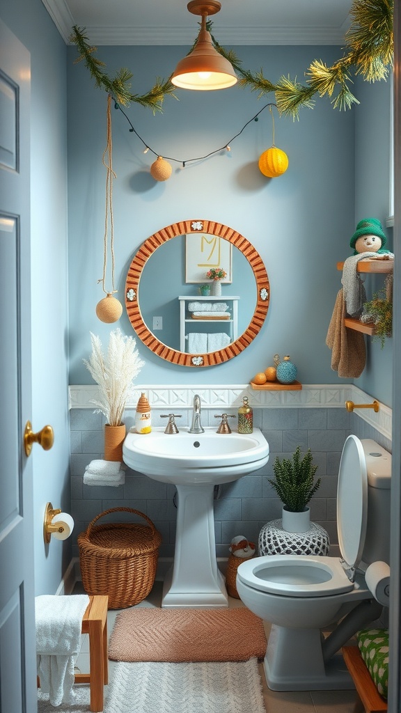A small, well-decorated kids bathroom featuring seasonal decor elements like a garland, ornaments, and playful accessories.