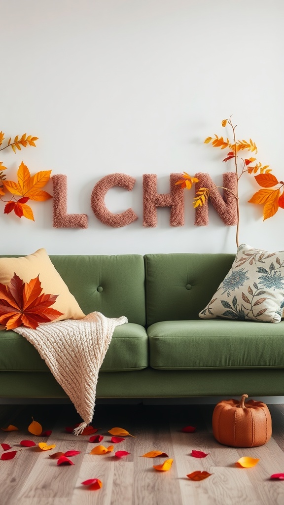 A cozy living room featuring a green couch adorned with fall decor, including colorful leaves and a pumpkin.