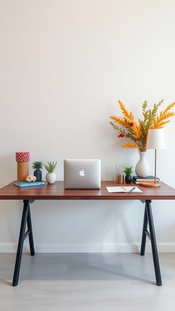A modern office desk with a laptop, plants, and seasonal floral decor.