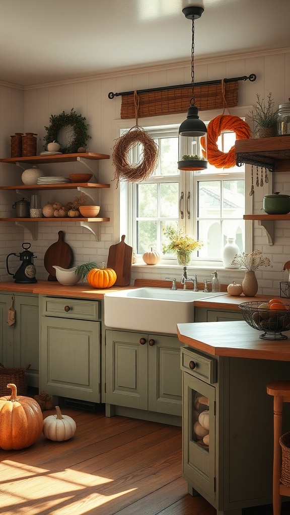 A vintage farmhouse kitchen decorated for autumn with pumpkins and natural elements.