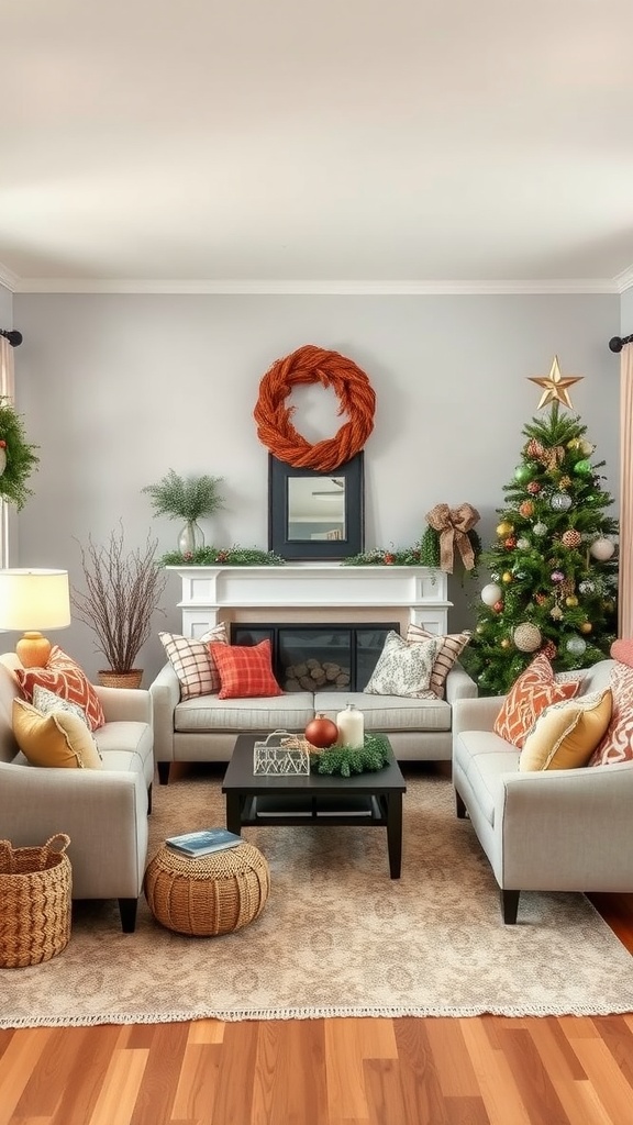 A cozy living room decorated for the Christmas season with a tree, wreath, and festive pillows.
