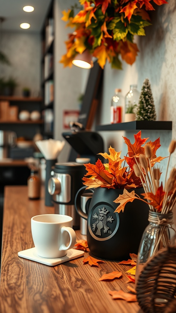 A cozy fall-themed coffee station with a black coffee pot, white cup, and autumn leaves decor.