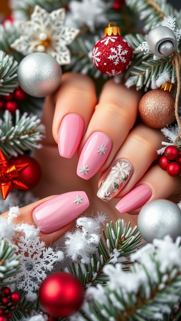 Close-up of hands with baby pink chrome nails decorated with snowflakes, surrounded by festive holiday decorations.