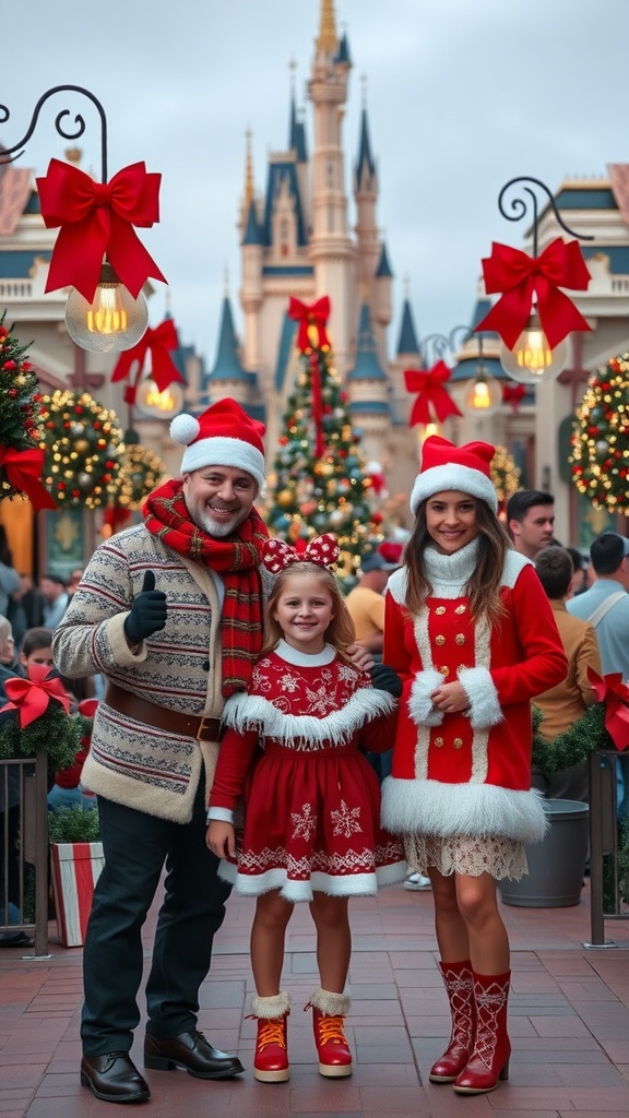 A family in festive outfits with Santa hats at a Disney park during the holiday season