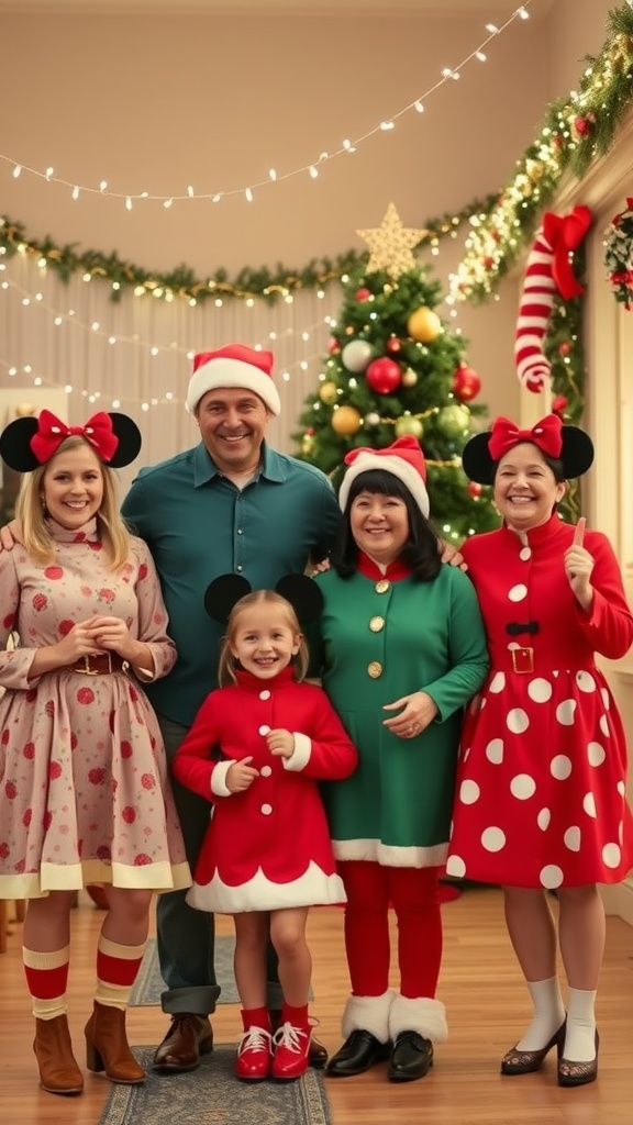 A family in Disney-themed holiday outfits, smiling together in front of a decorated Christmas tree.