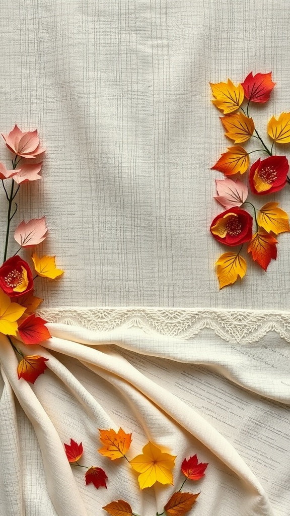 A draped fabric with autumn leaves arranged around it, showcasing seasonal fabric choices.