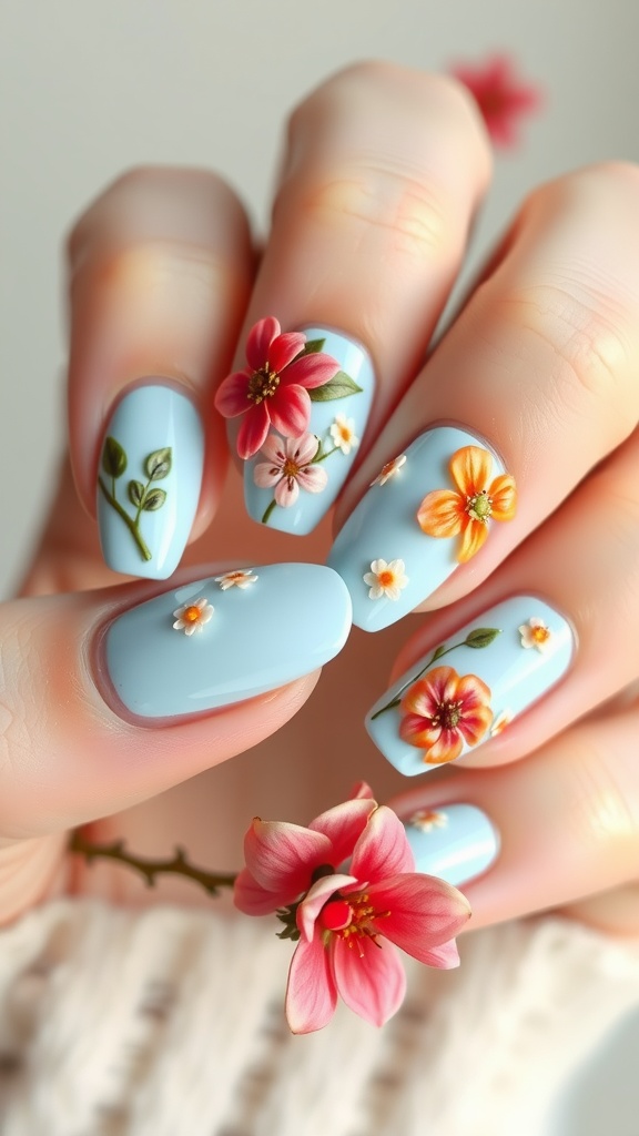 Light blue nails decorated with various floral designs, showcasing a spring theme.