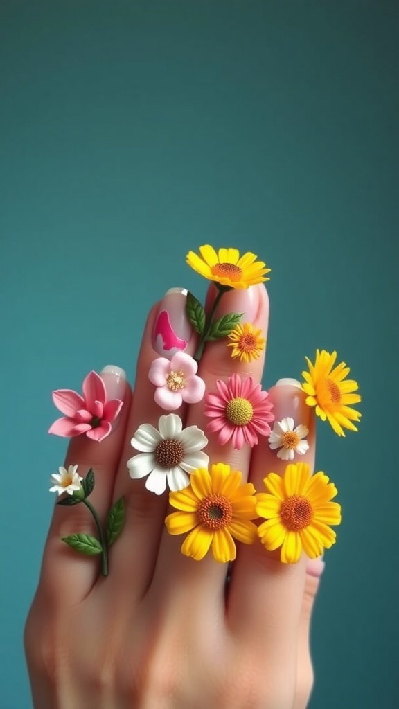 Almond nails decorated with colorful 3D flowers