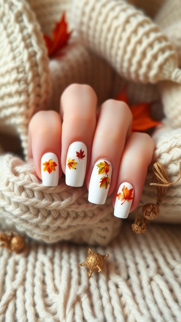 White French tip nails with colorful autumn leaves design