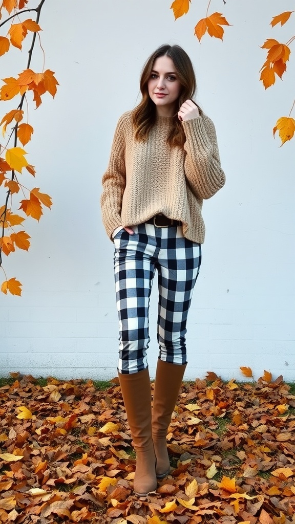 A woman wearing a chunky tan sweater and black and white gingham pants, with knee-high boots, surrounded by autumn leaves.