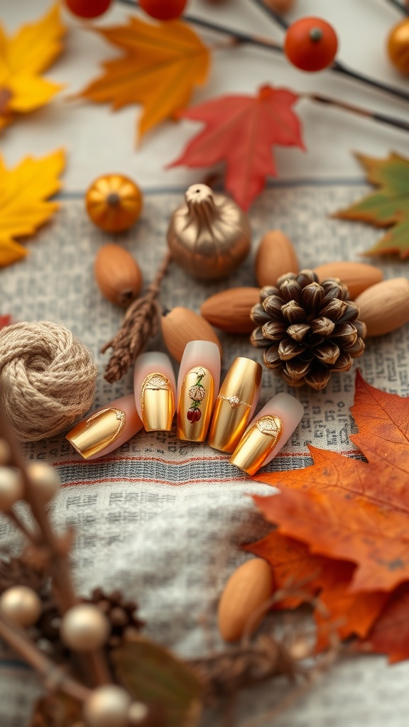 A collection of gold almond nails surrounded by autumn-themed decorations like leaves, pumpkins, and pine cones.