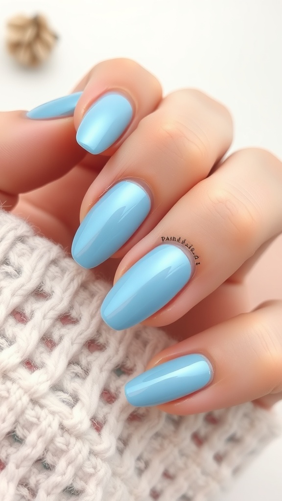 Close-up of light blue chrome nails on a knitted sweater background