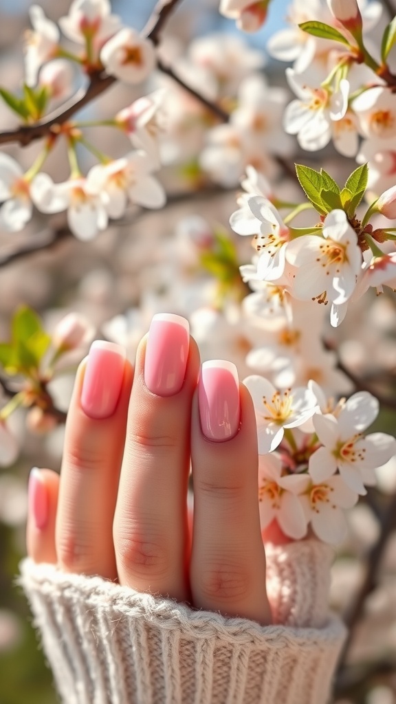 A close-up of hands with pink French tips and chrome finish, surrounded by white cherry blossom flowers