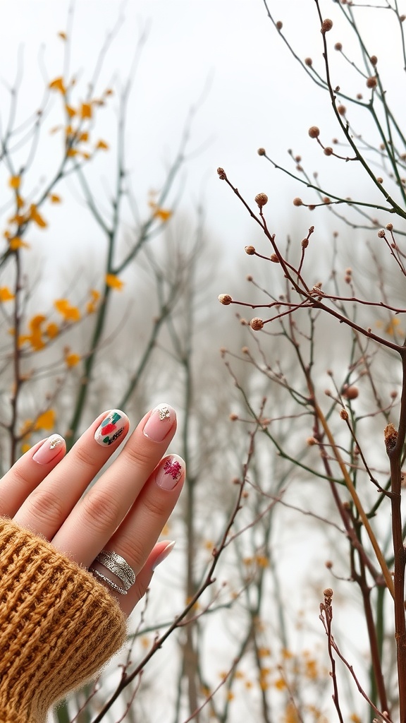 A hand with square French nails featuring seasonal designs, surrounded by autumn branches.
