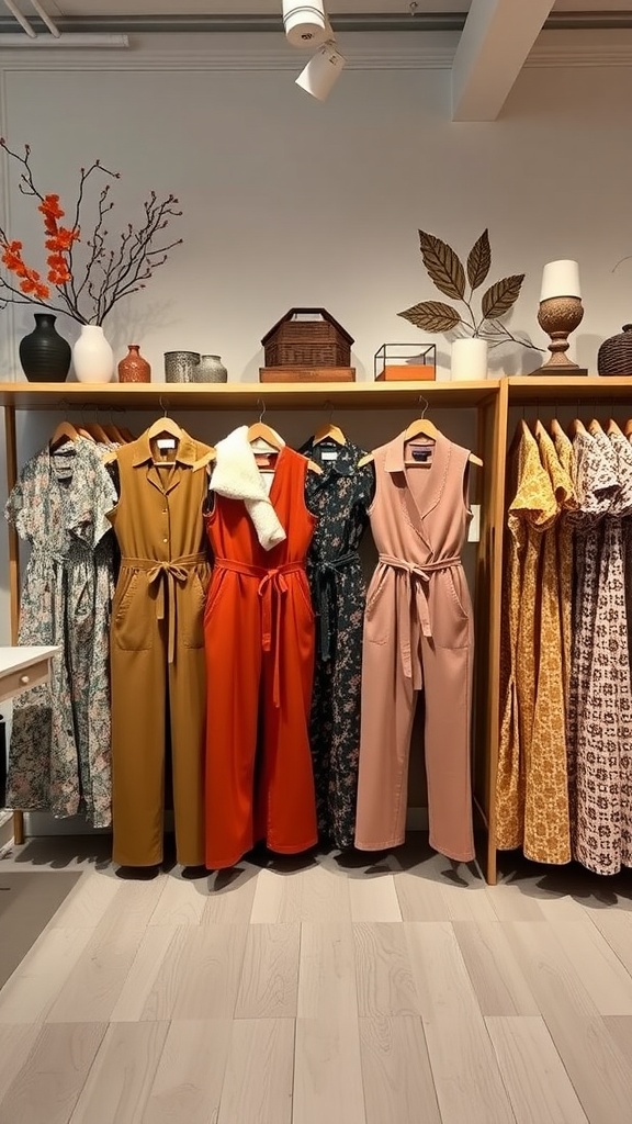 A collection of fashionable jumpsuits displayed on hangers in various colors and patterns