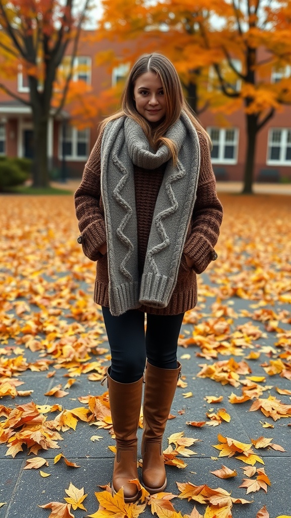 A woman stands on a path covered with fall leaves, wearing a brown knitted sweater, gray scarf, and brown knee-high boots.