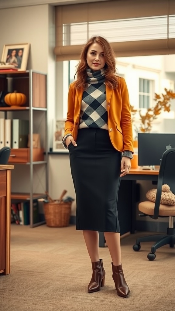 A woman in a stylish outfit featuring a black pencil skirt, patterned turtleneck, and mustard blazer, standing in an office environment.