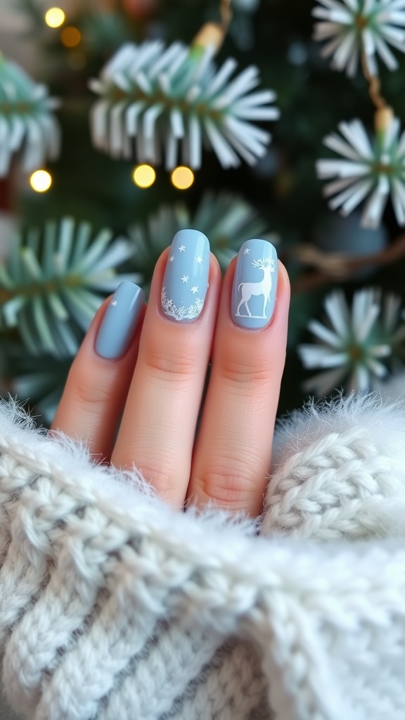 Light blue acrylic nails with white snowflake and reindeer designs, cozy background with knitted sweater