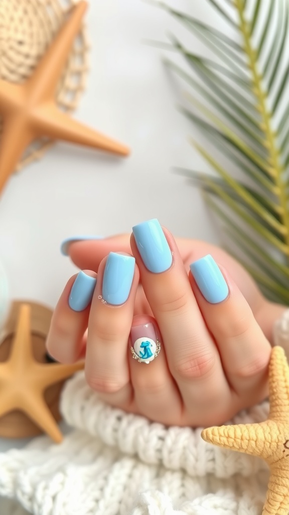 Light blue French tip nails with a decorative accent nail, styled with summer-themed decor.