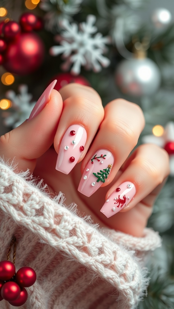 A hand with seasonal light pink chrome nails, decorated with festive designs including trees and reindeer, set against a backdrop of holiday decorations.