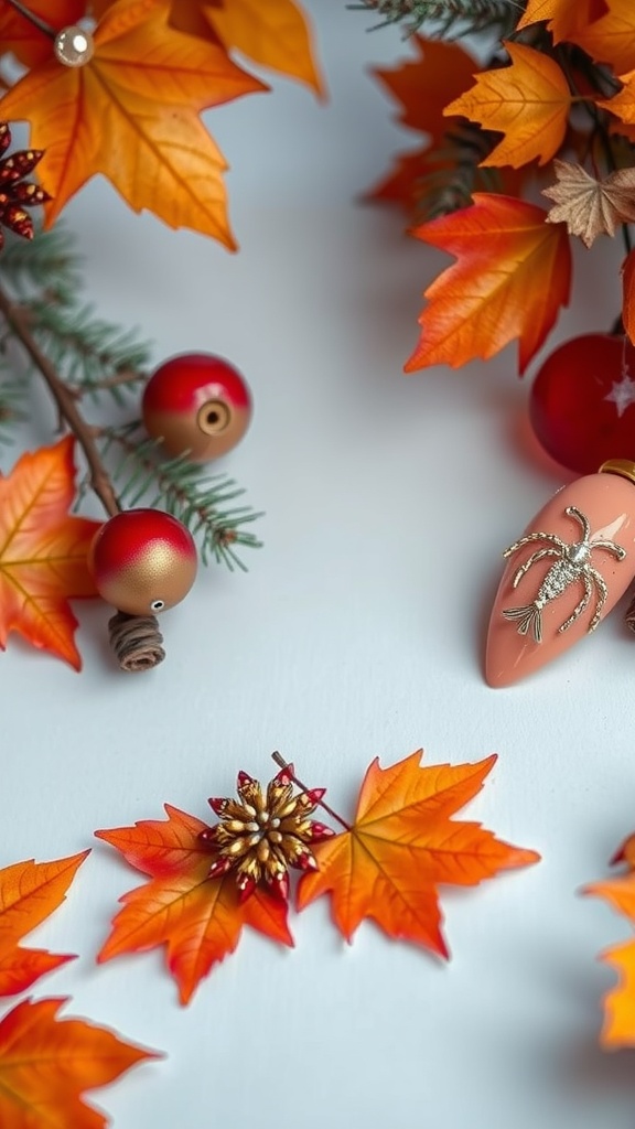 Light pink chrome almond nails among autumn leaves and ornaments