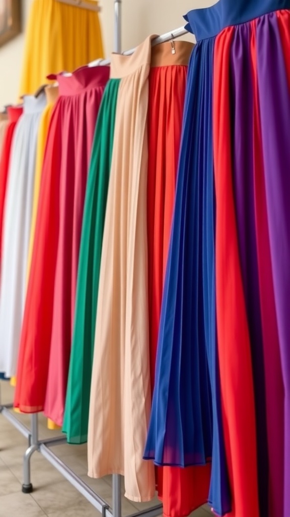 A variety of colorful maxi skirts displayed on a rack