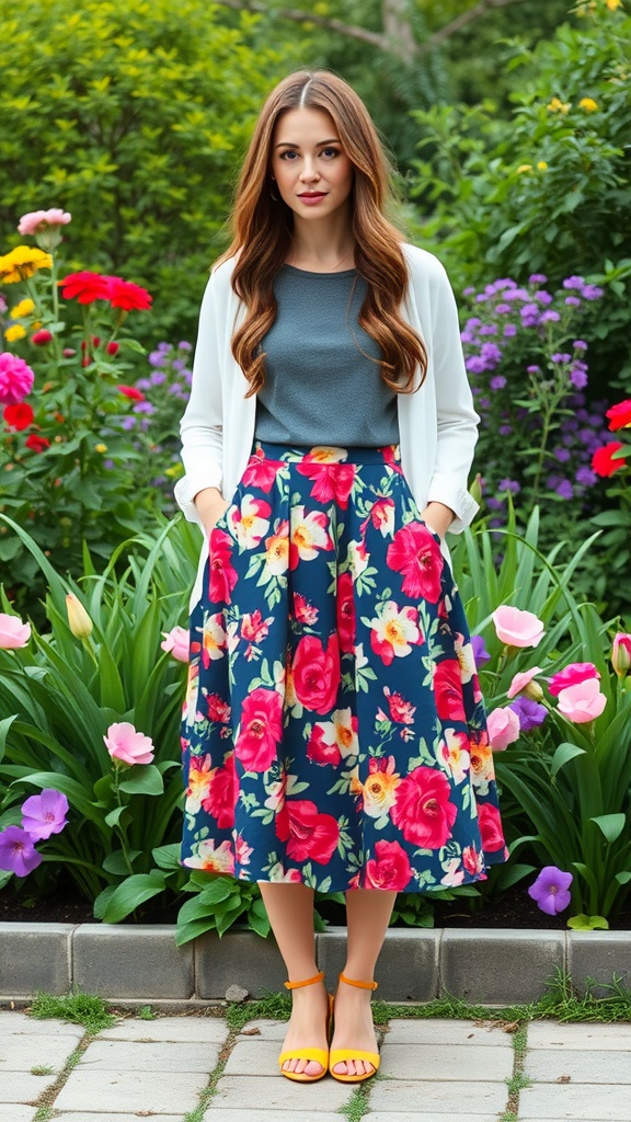 A woman wearing a floral midi skirt with a grey top and white cardigan, standing in a garden.