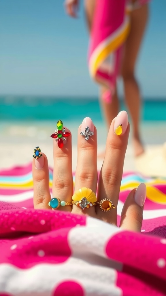 Colorful rings on a hand with nude nails, set against a beach background