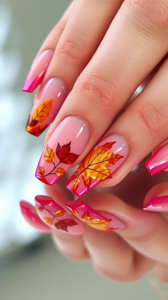 Pink chrome French tip nails with autumn leaf designs