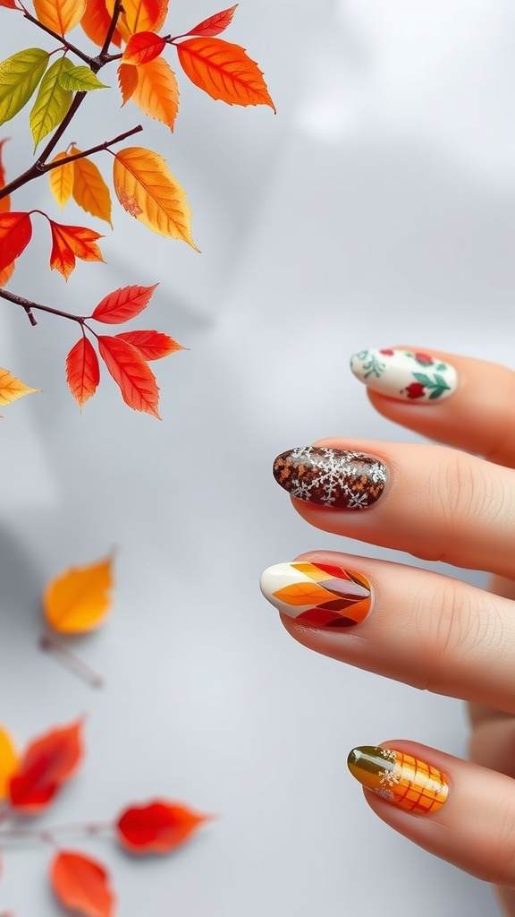 An array of autumn-themed nail art designs with colorful leaves.