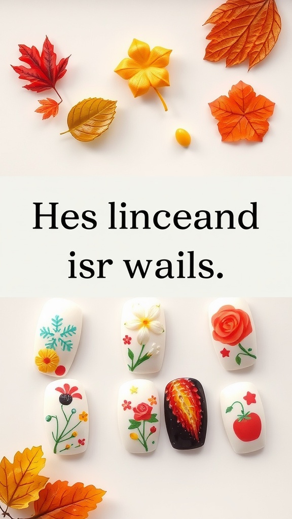 Colorful seasonal nail art designs with leaves