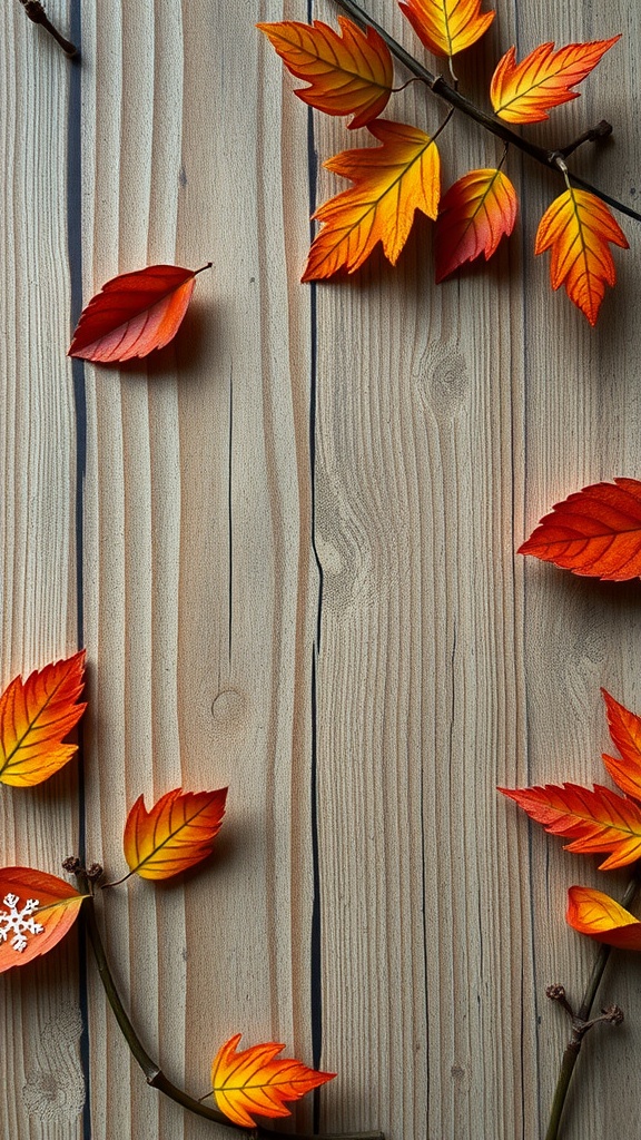 Vibrant autumn leaves on a wooden surface, showcasing shades of red, orange, and yellow.