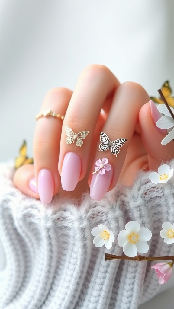 Light pink chrome nails with butterfly and flower accents