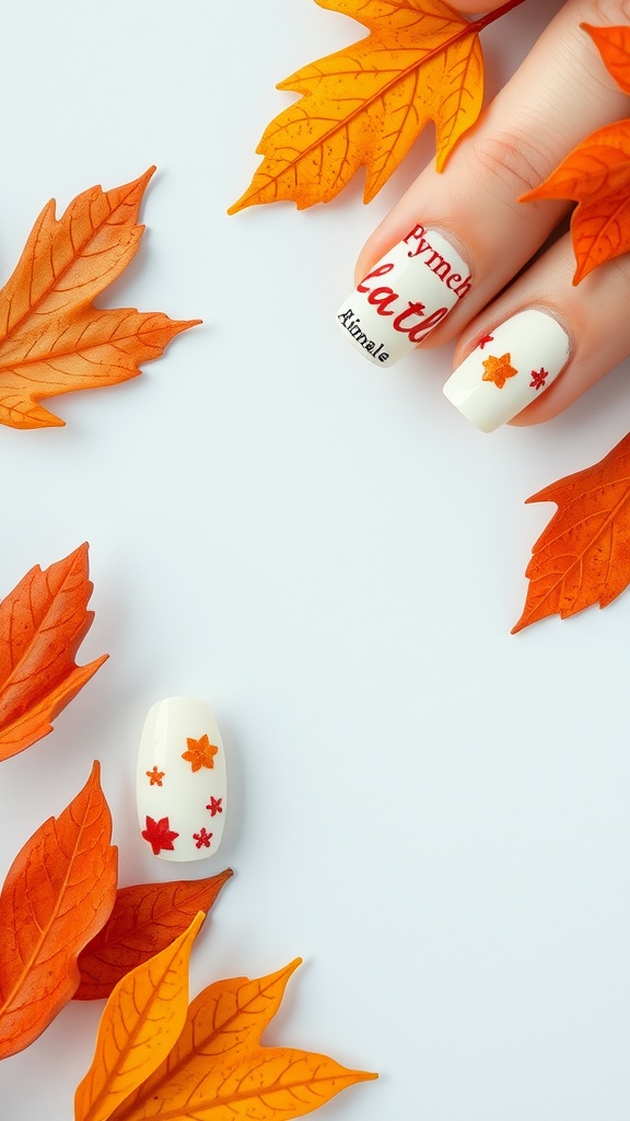 White almond nails with autumn leaf designs surrounded by orange leaves
