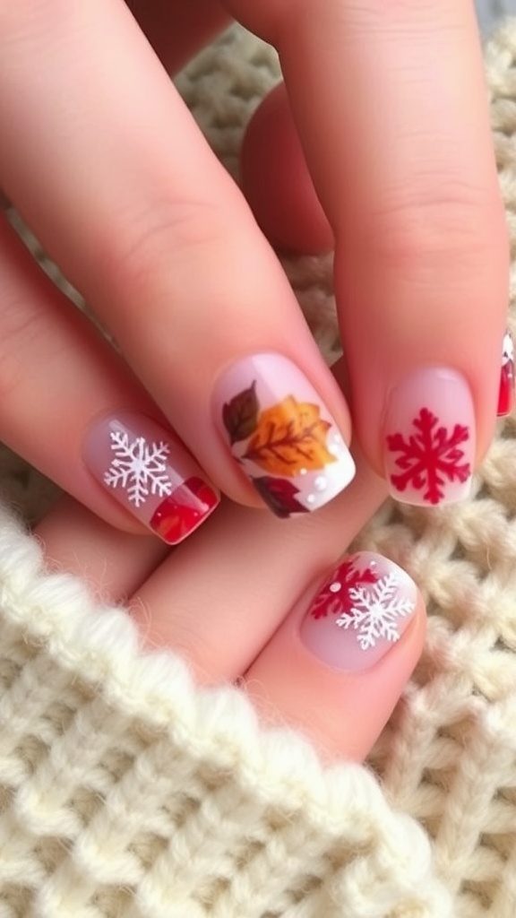 A hand with beautifully designed nails featuring autumn leaves and snowflakes.