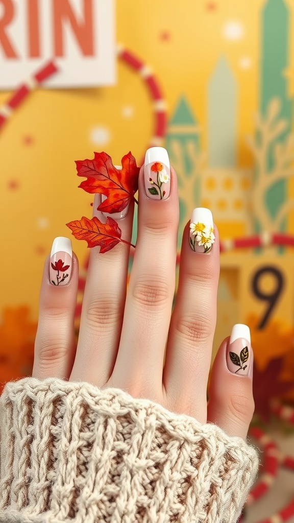 Nude nail design featuring autumn leaves and flowers