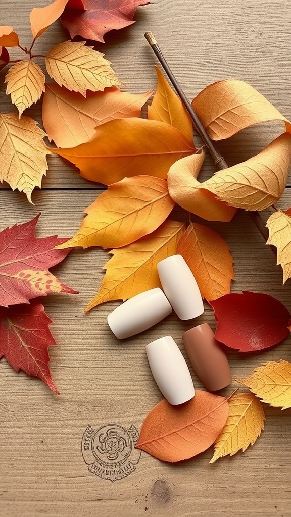 Nude nail shades arranged among colorful autumn leaves on a wooden surface.