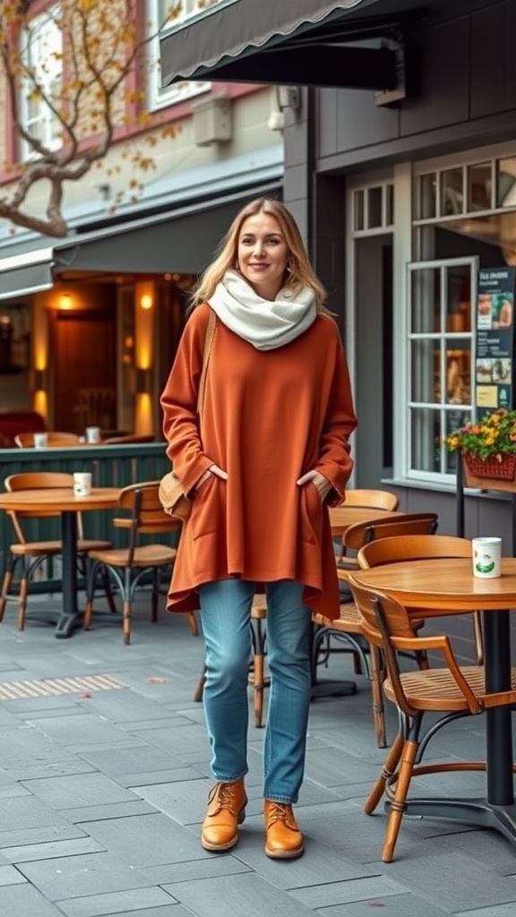 Model in a rust-colored oversized top and blue jeans, standing outside a cafe with a cozy vibe.