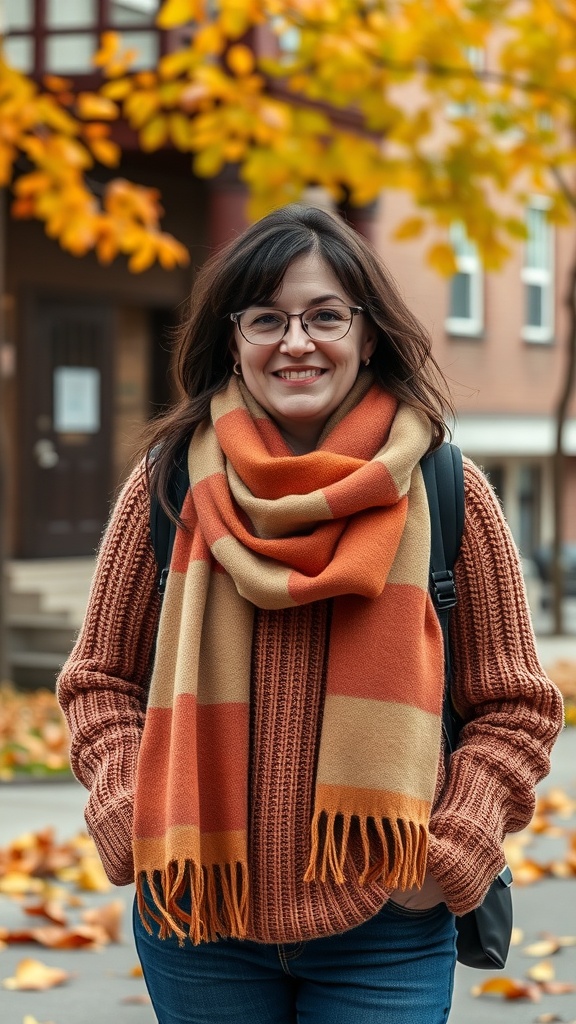 A smiling teacher wearing a warm knit sweater and a striped scarf, surrounded by autumn leaves.