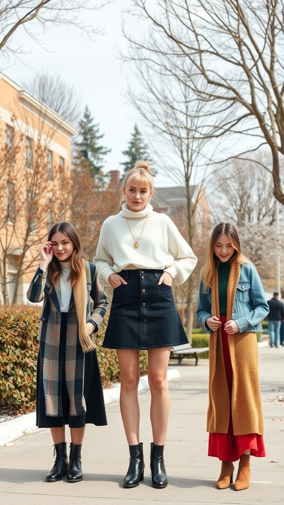 Three women in different outfits featuring a black denim skirt, showcasing seasonal styles.