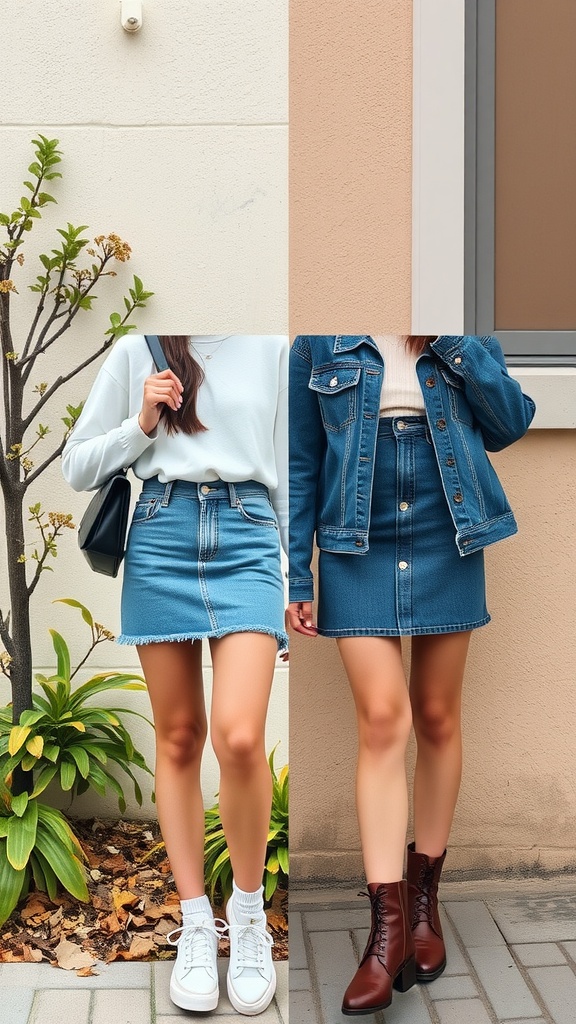 Two outfits featuring denim mini skirts; one casual with a blue sweatshirt and sneakers, and the other stylish with a denim jacket and ankle boots.