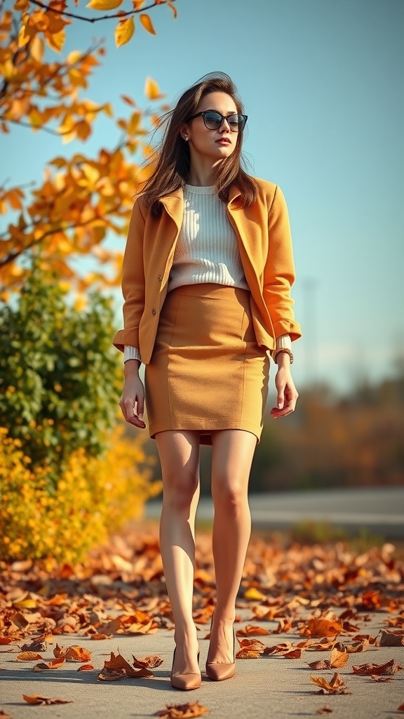 A woman in a mini pencil skirt and sweater with a blazer, surrounded by autumn leaves.